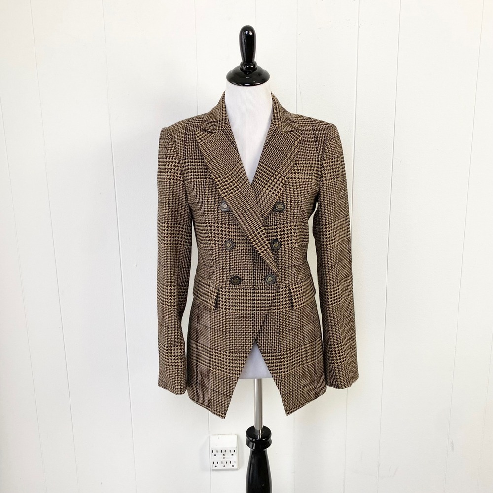 Antonio Melani Houndstooth Plaid Double Breasted Blazer Brown Black Size 4